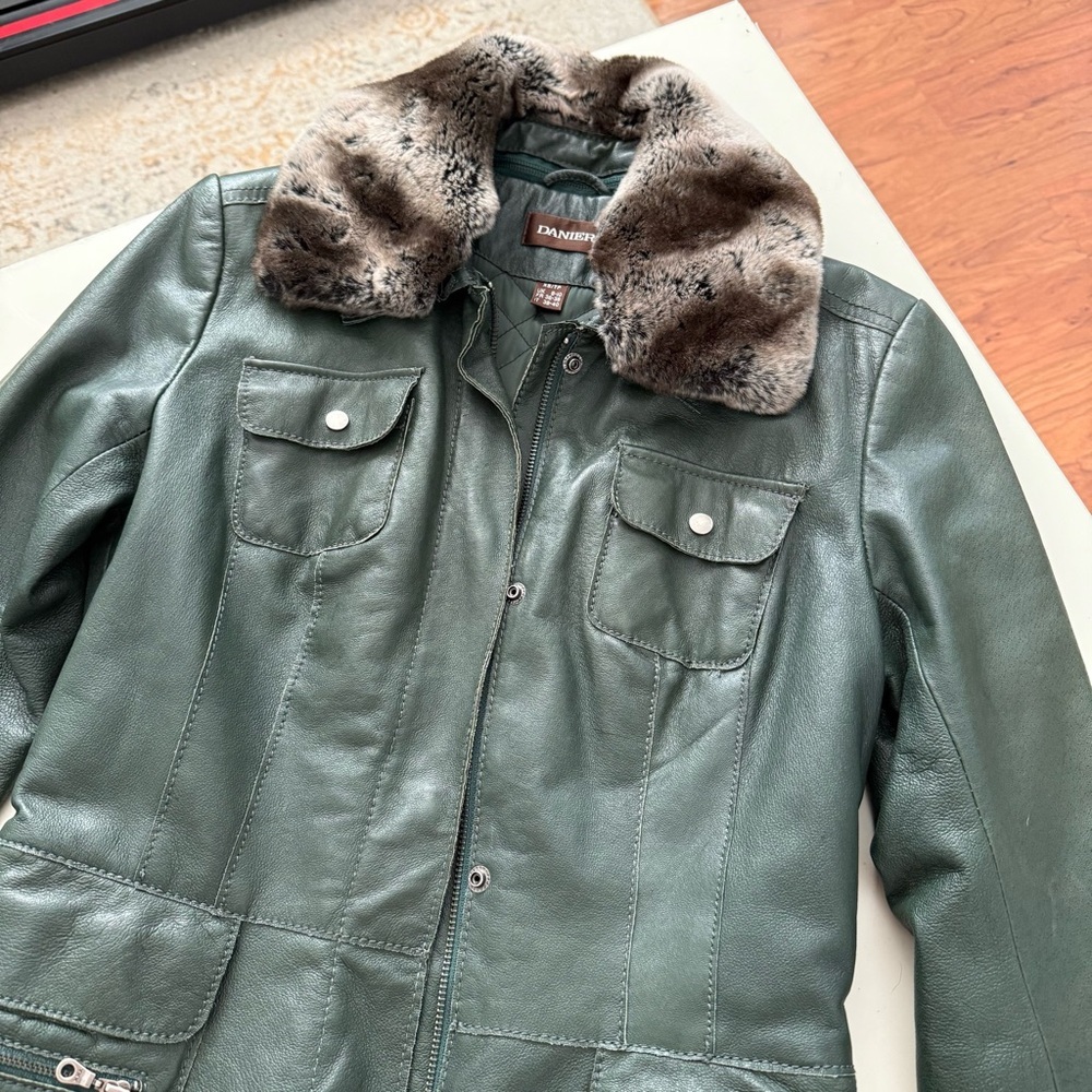 DANIER Forest Green Leather Jacket Removable Faux Fur Collar Quilted Lining Luxe - Picture 8 of 9